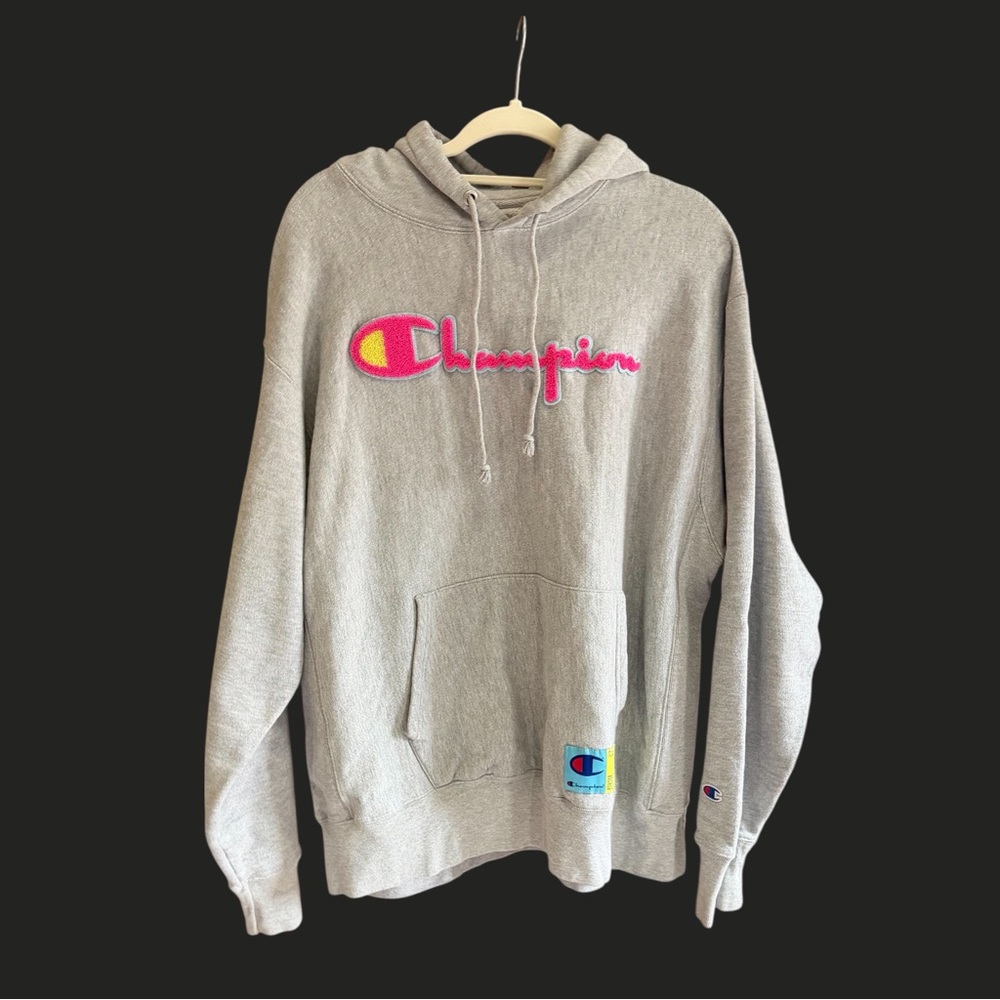 CHAMPION Reverse Weave Hoodie Pink Chenille Script Y2K XL